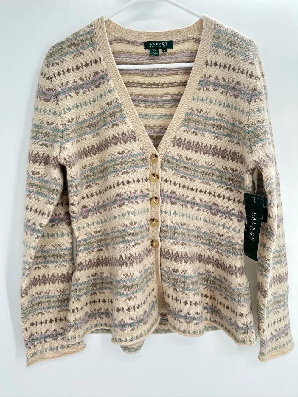 NWT Ralph Lauren Fair Isle Cardigan Women L Nordic 100% Lambswool Intarsia